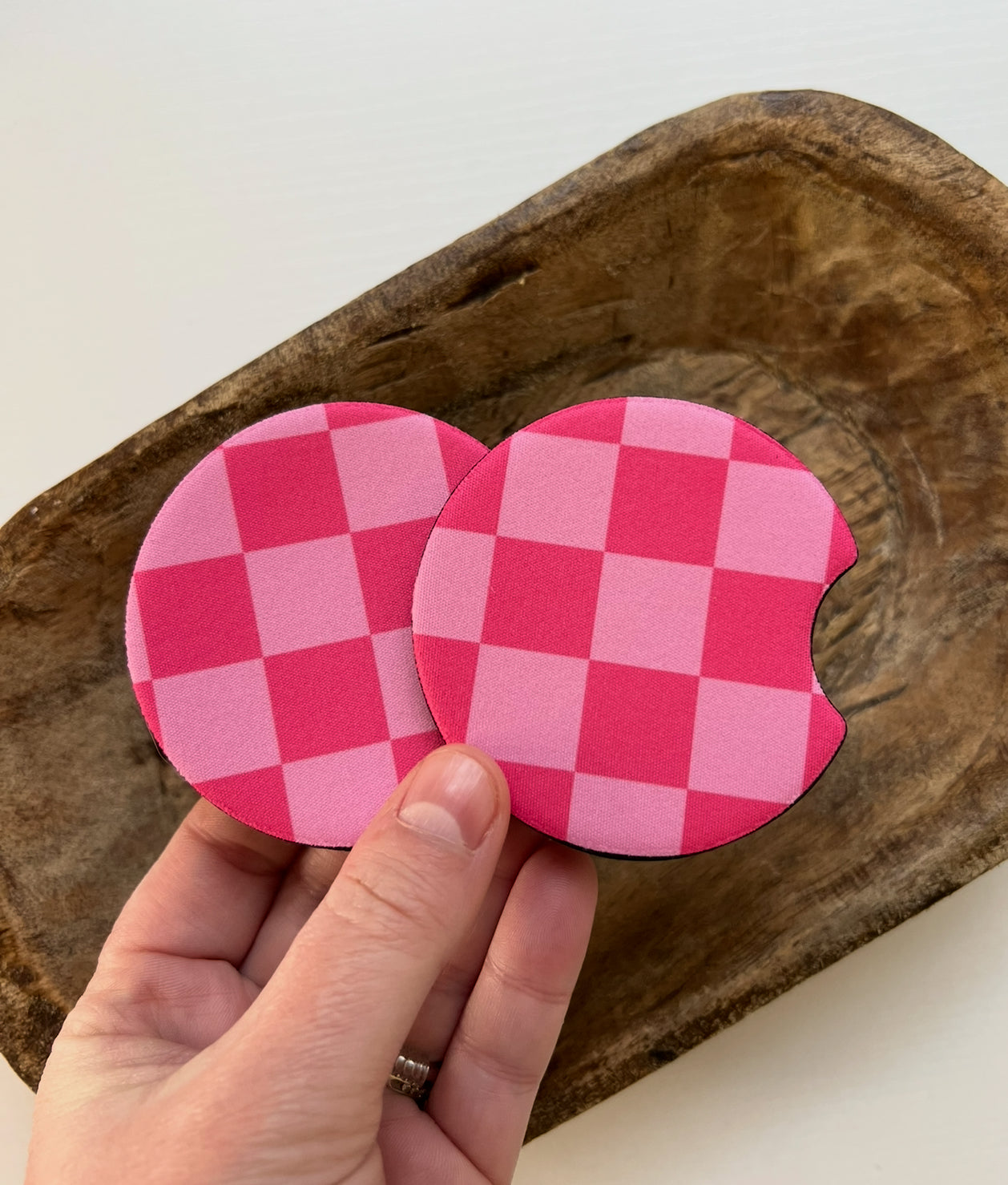 Pink Checkered Car Coaster Set