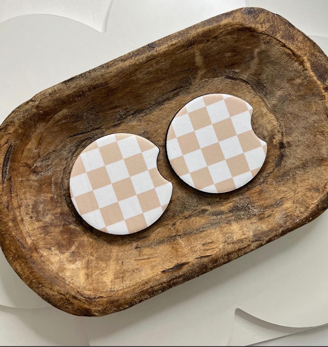 Beige Checker Car Coaster Set
