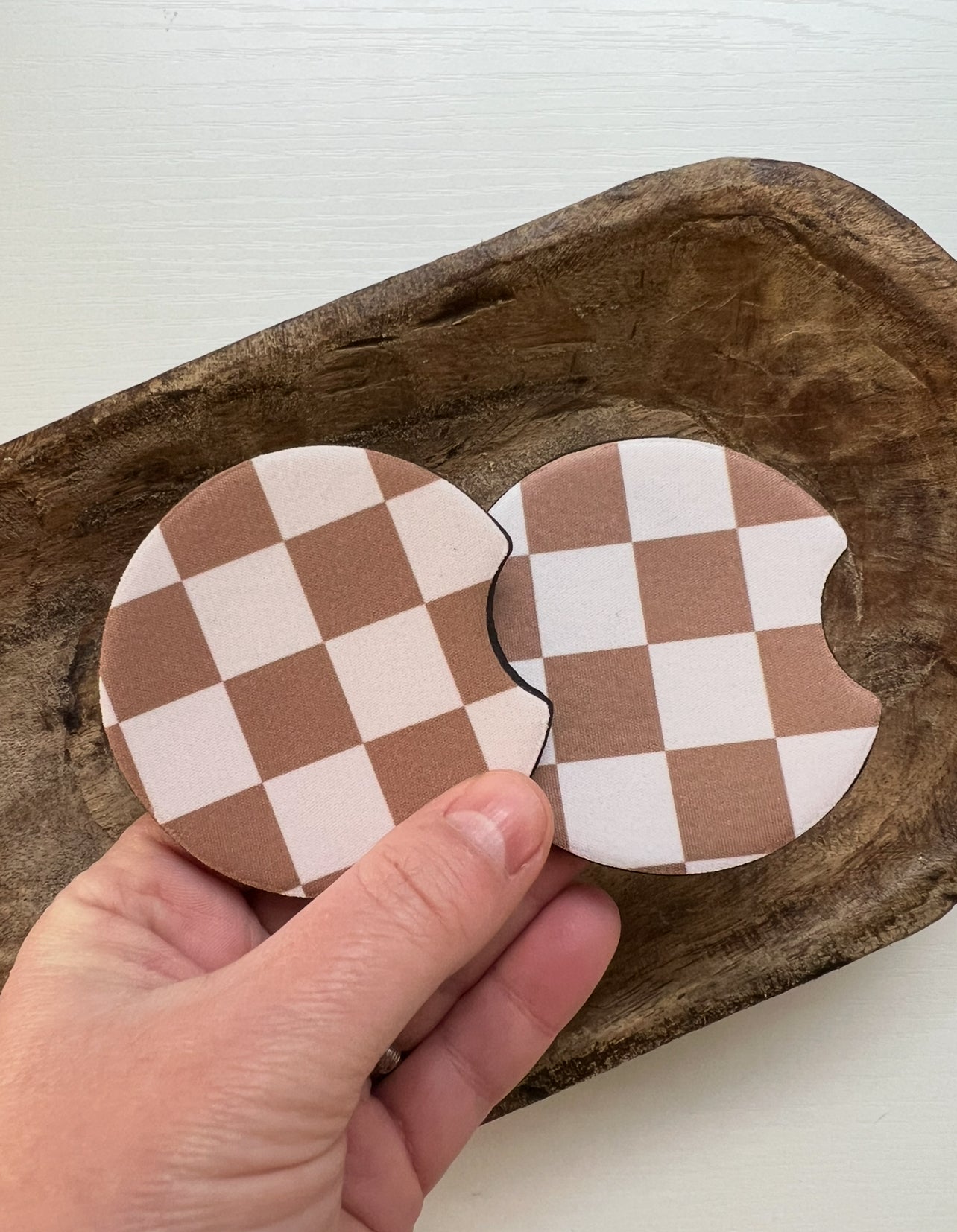 Brown Checker Car Coaster Set