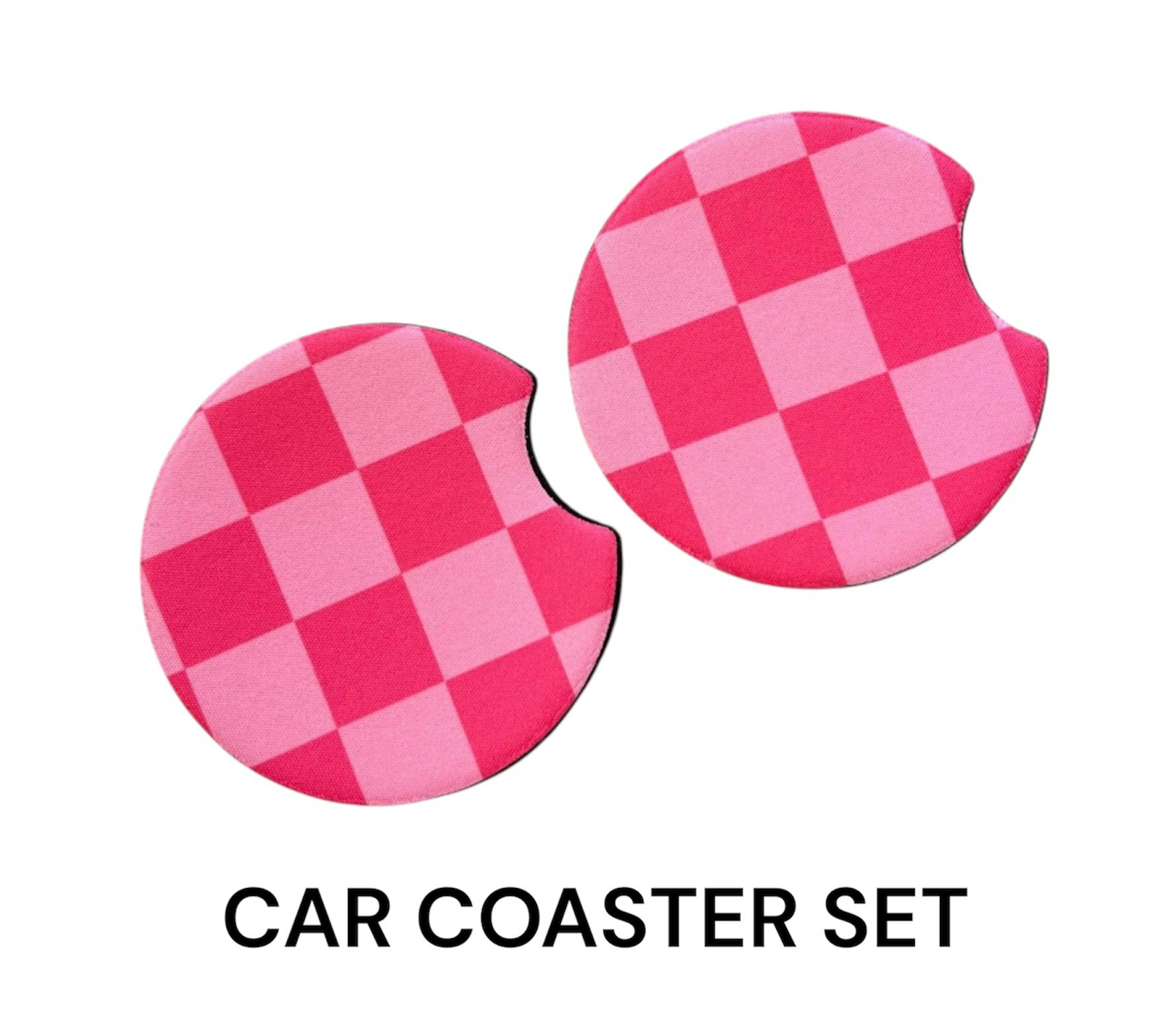 Pink Checkered Car Coaster Set