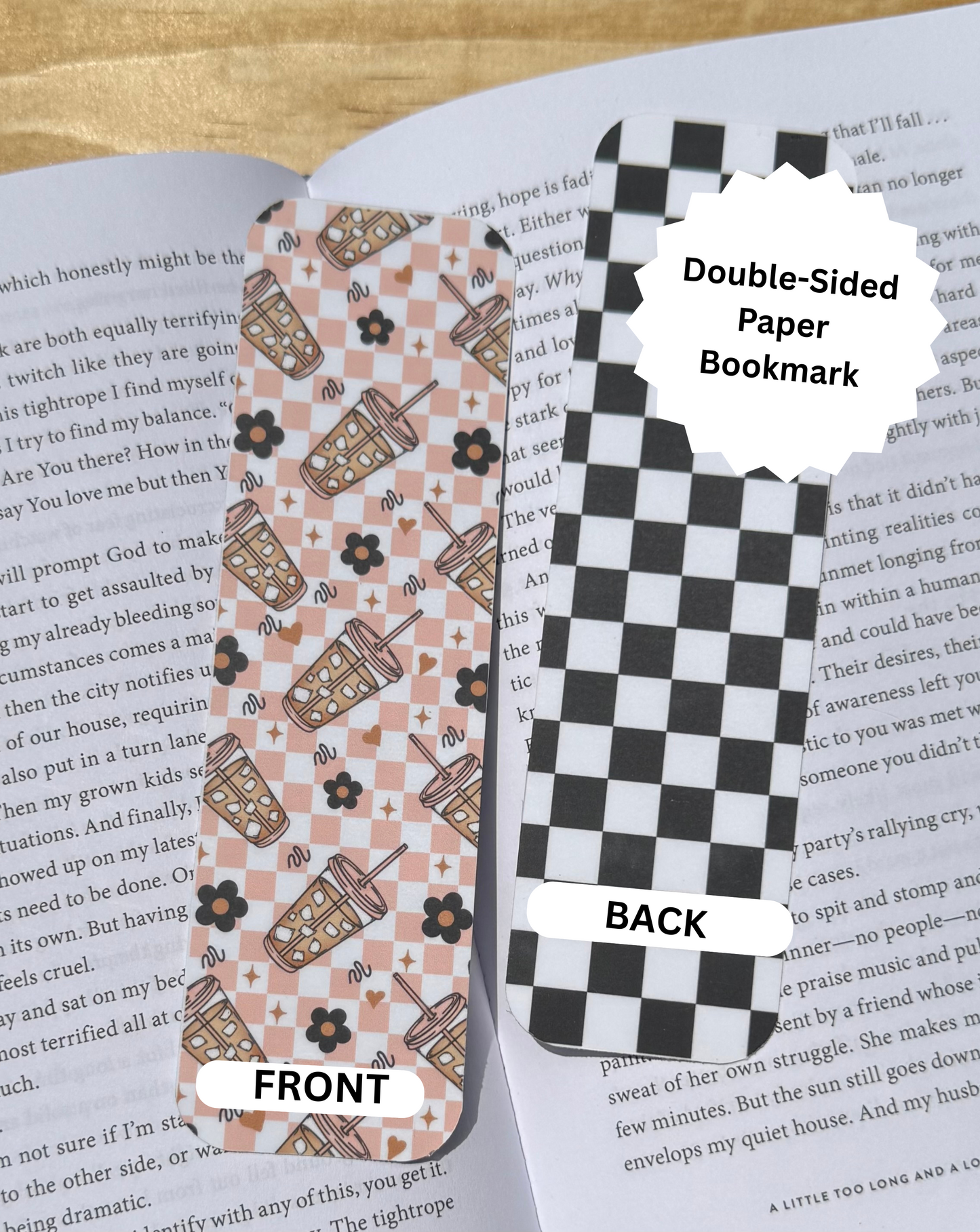 Iced Coffee & Checkered Double-Sided Paper Bookmark