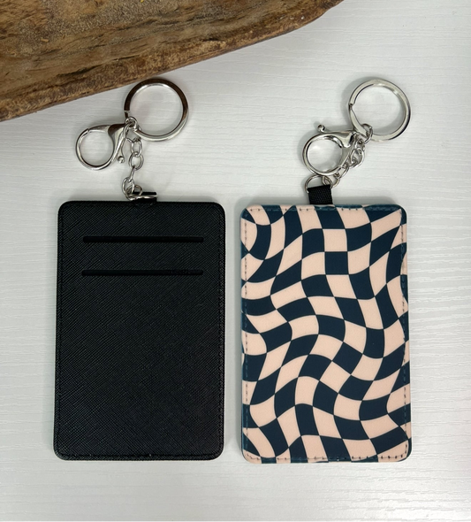 Black and Beige Wavy Checker Keychain Wallet