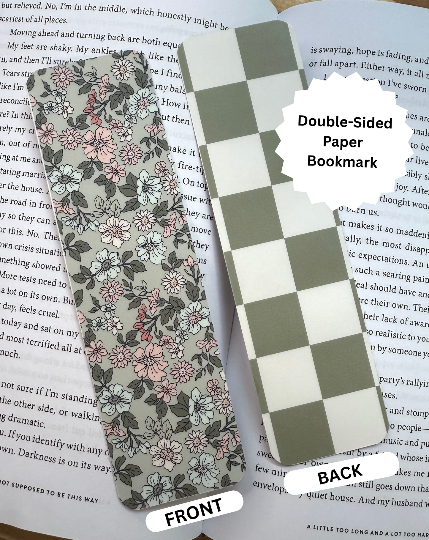 Green Floral and Checker Double-Sided Paper Bookmark