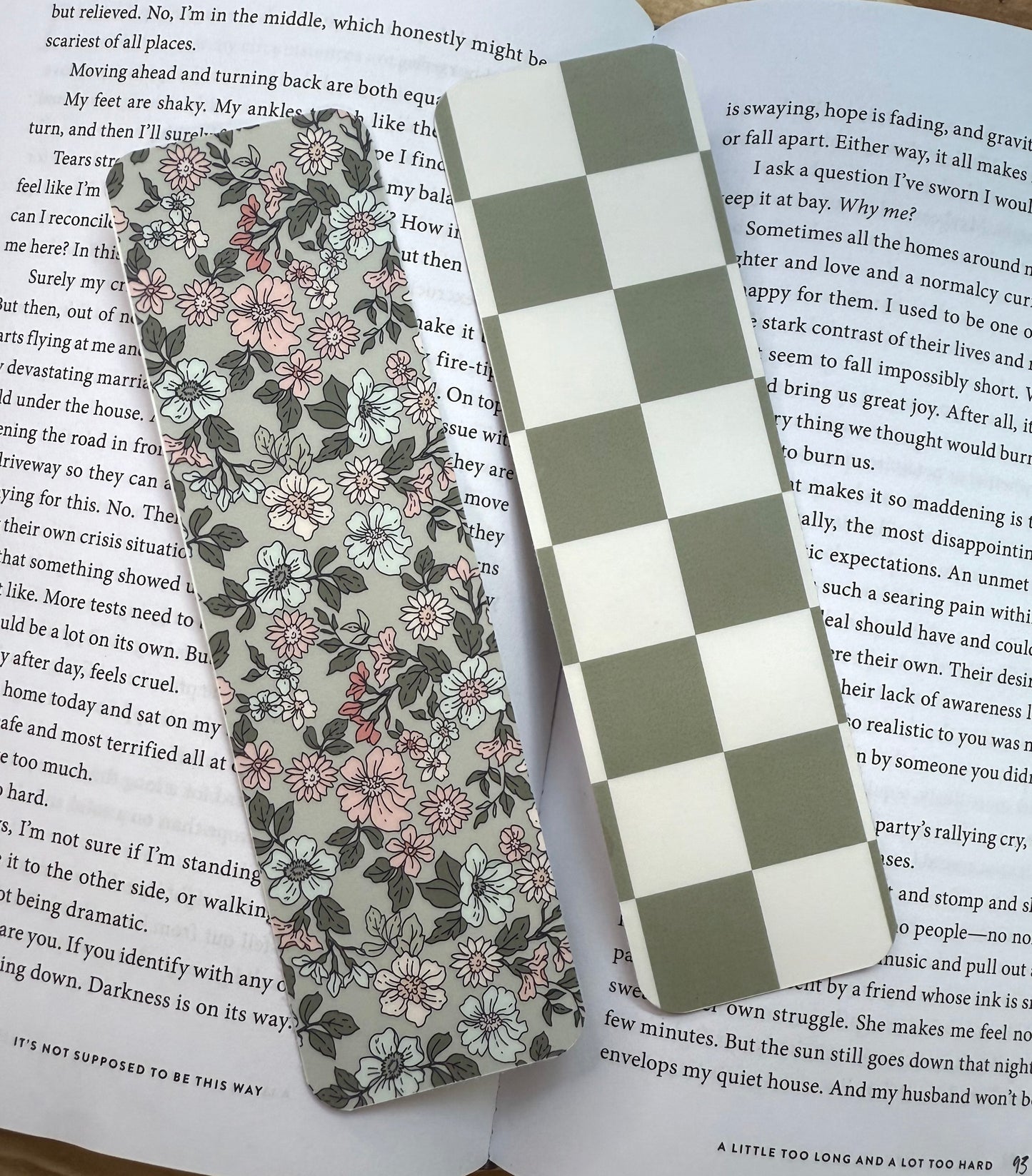 Green Floral and Checker Double-Sided Paper Bookmark