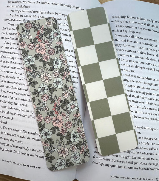Green Floral and Checker Double-Sided Paper Bookmark