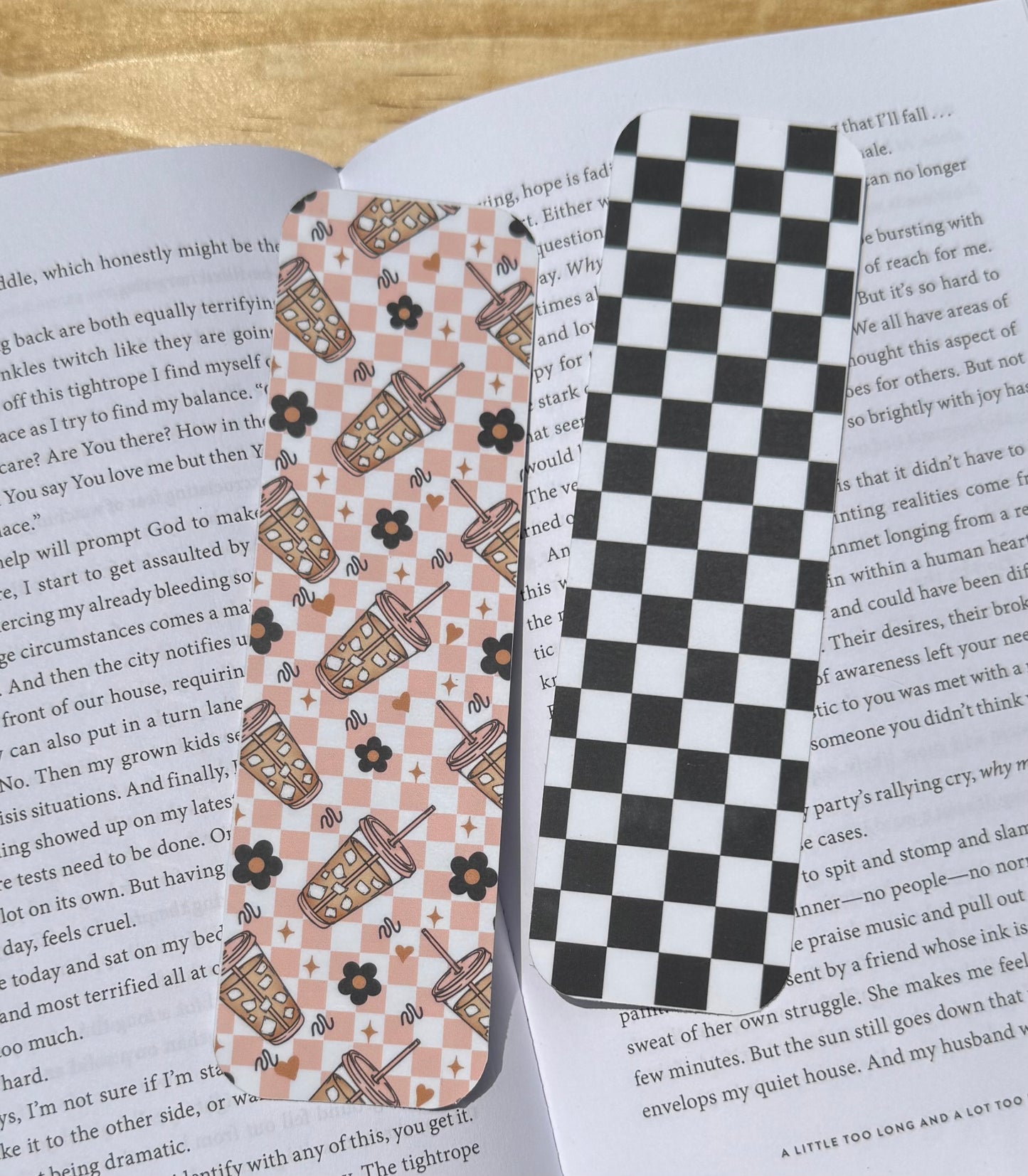 Iced Coffee & Checkered Double-Sided Paper Bookmark