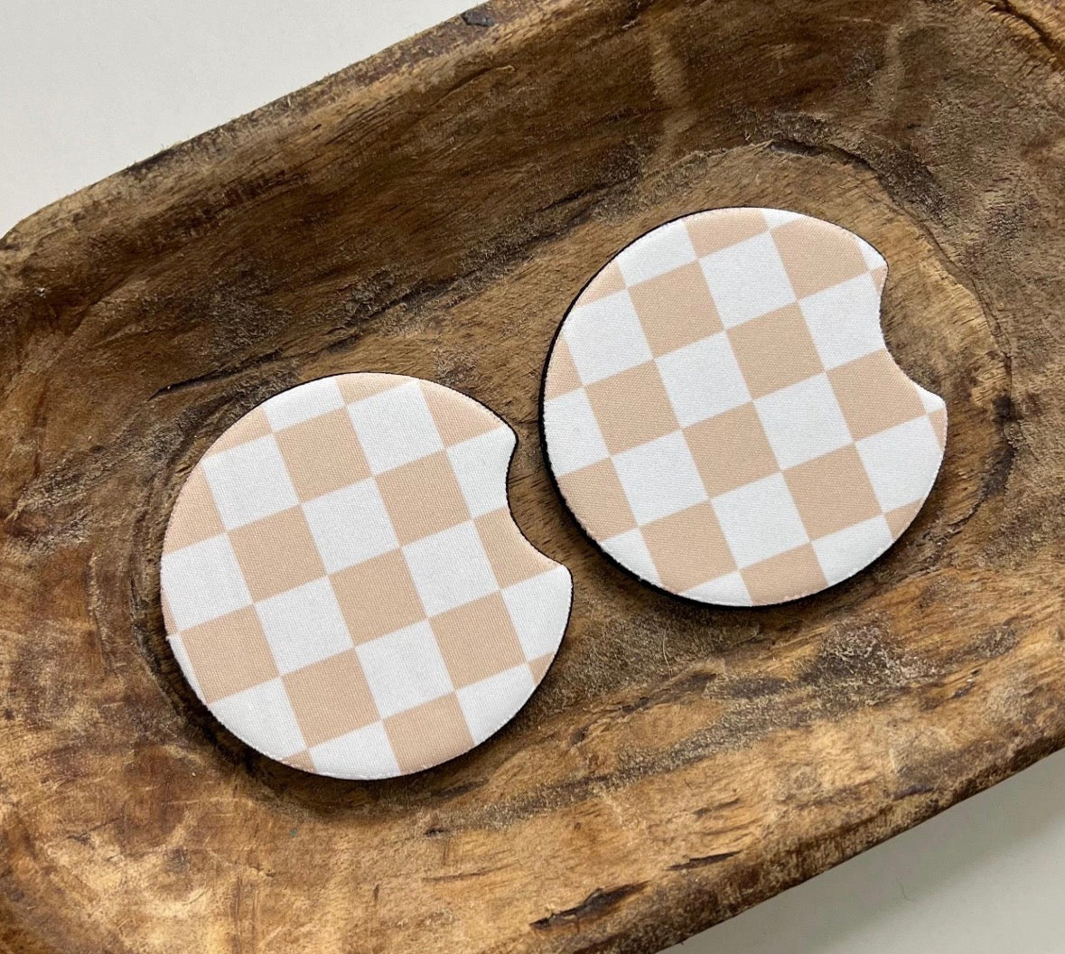 Beige Checker Car Coaster Set
