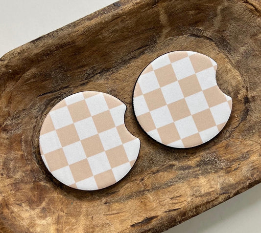 Beige Checker Car Coaster Set