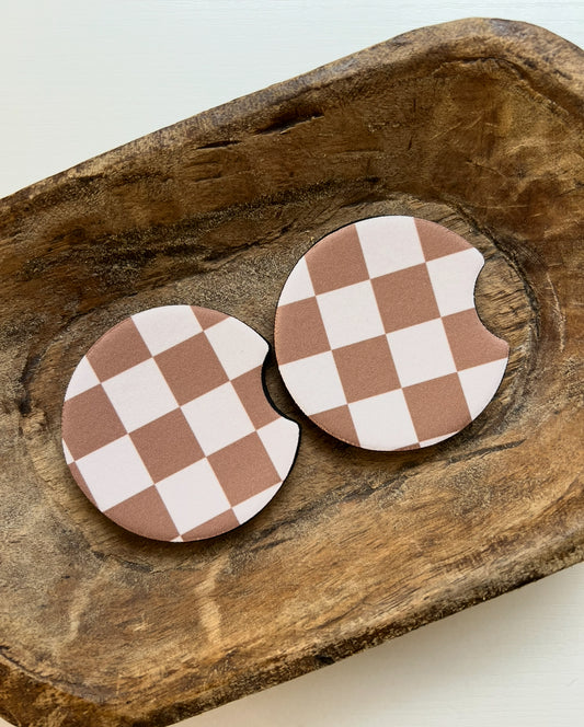 Brown Checker Car Coaster Set