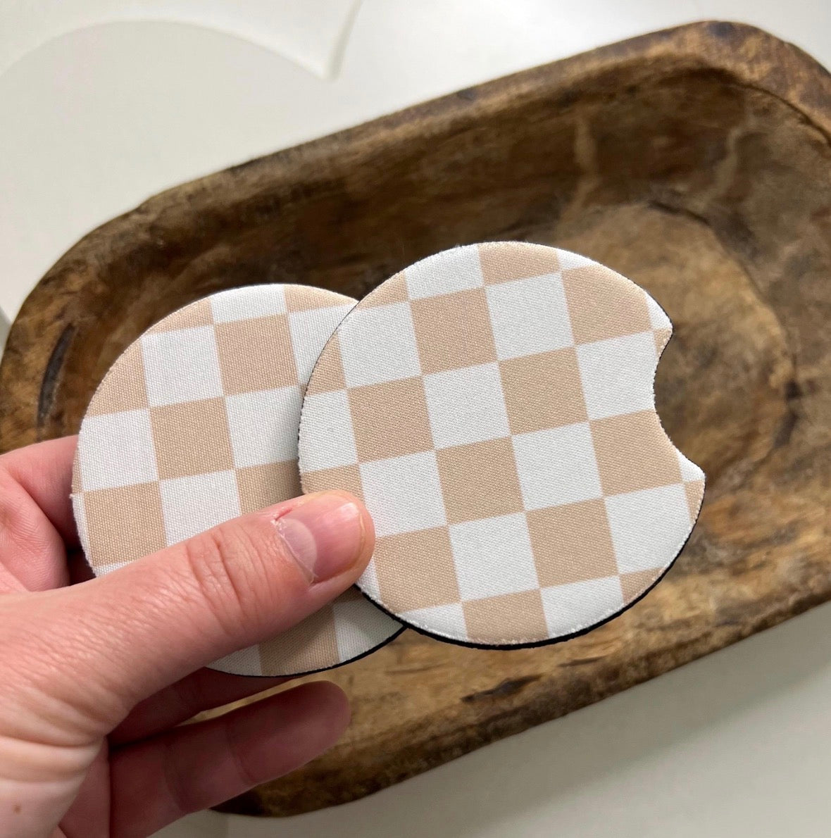 Beige Checker Car Coaster Set