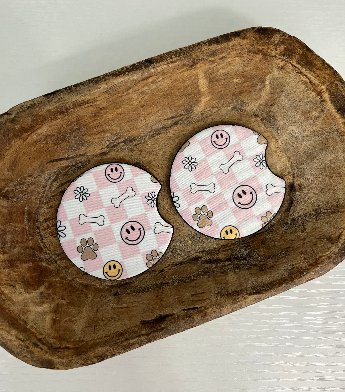 Pink Checker & Dog Paws Car Coaster Set