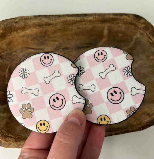 Pink Checker & Dog Paws Car Coaster Set