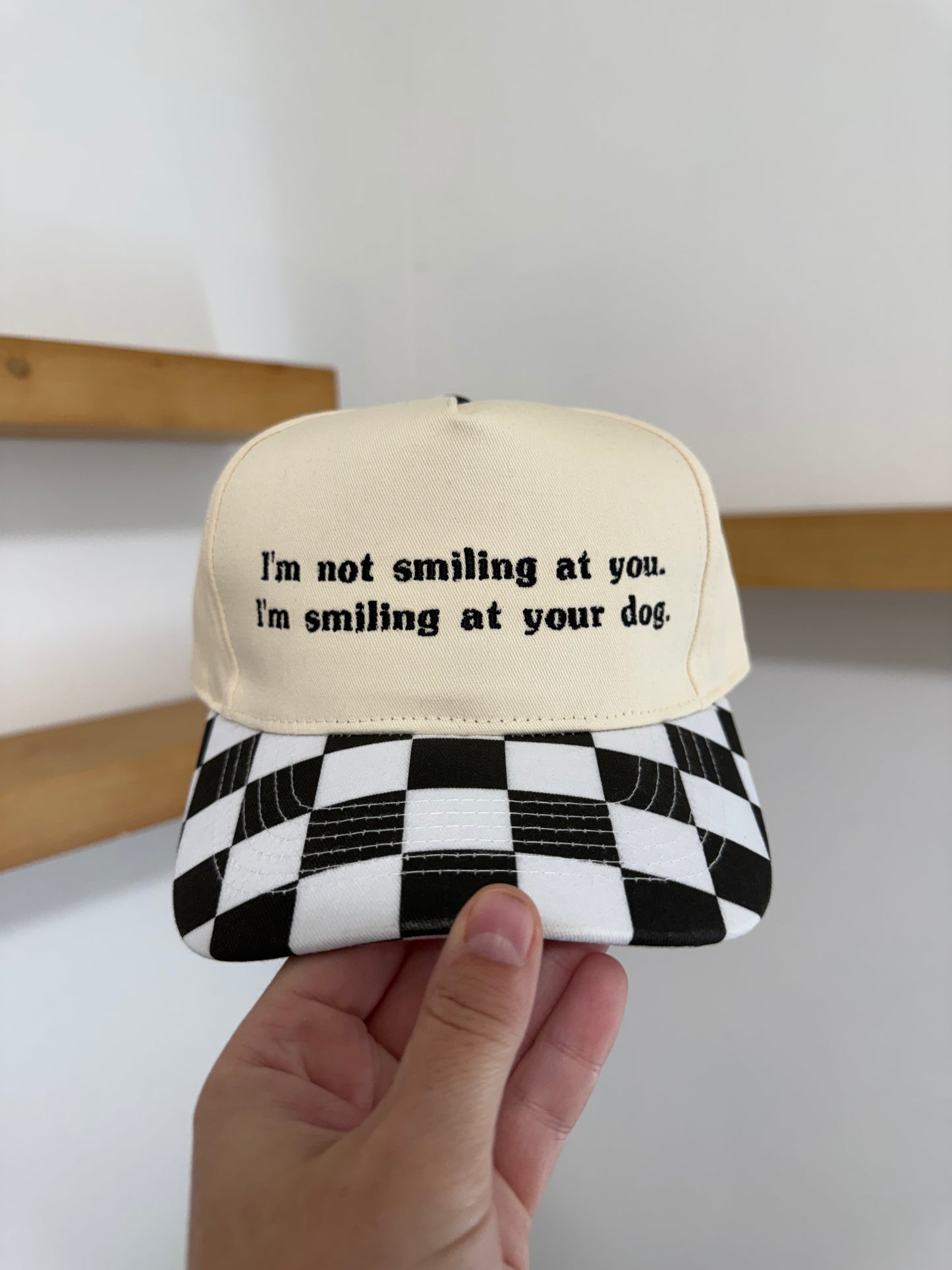 I’m Smiling at Your Dog Checkered Canvas Snap Back Hat