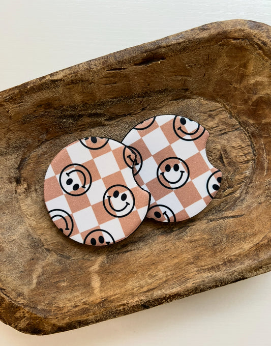 Smiley Face+Checker Car Coaster Set