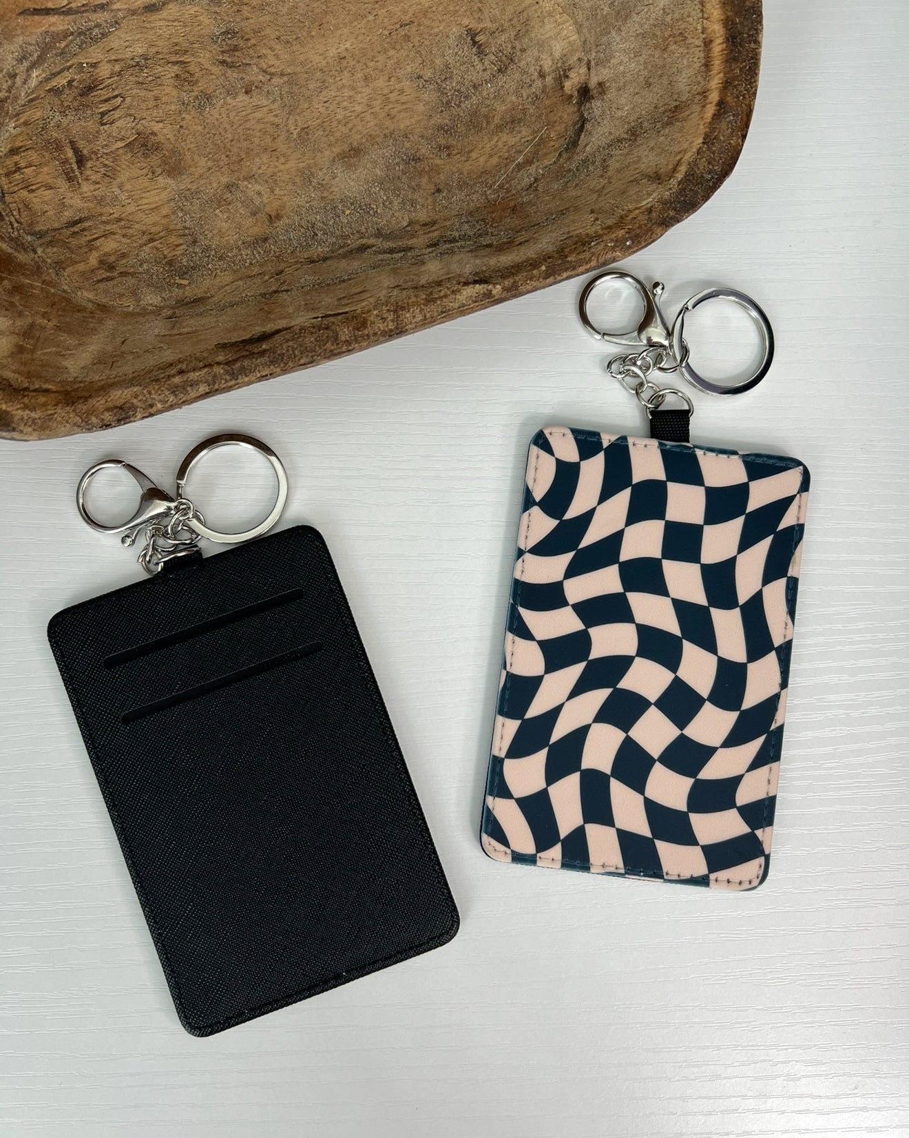 Black and Beige Wavy Checker Keychain Wallet