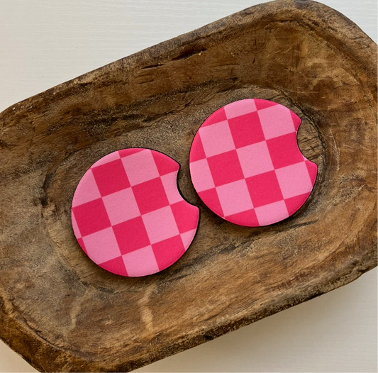 Pink Checkered Car Coaster Set